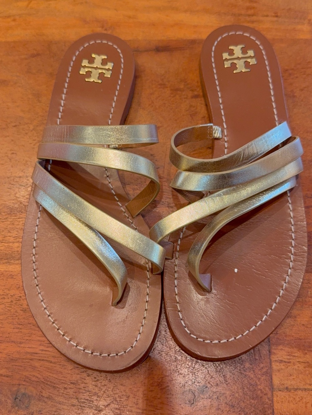 Tory Burch Metallic Gold Multi-Strap Slide Sandals